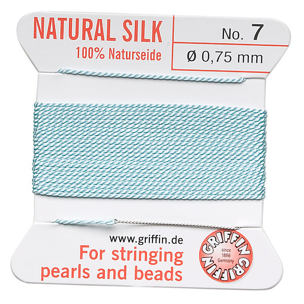 Thread, Griffin, silk, turquoise blue, size #7. Sold per 2-meter card (approximately 78 inches). image number 0