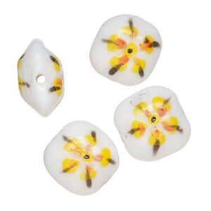 Bead, lampworked glass, opaque white / black / yellow, 17-16mm-14x13mm puffed rectangle with double-sided painted flower design. Sold per pkg of 4.