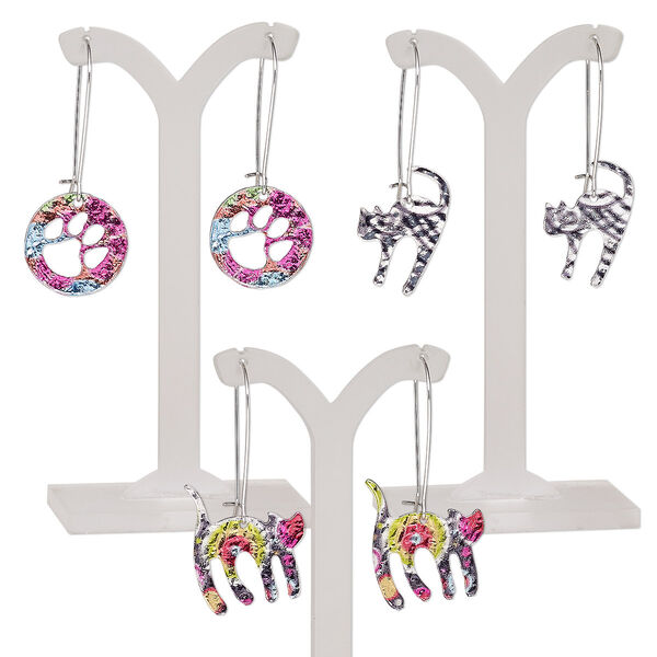Earring mix, mylar / imitation rhodium-plated steel / "pewter" (zinc-based alloy), multicolored, 2-1/4 inches with (2) cats and (1) round with paw cutout and kidney ear wire. Sold per pkg of 3 pairs. image number 0