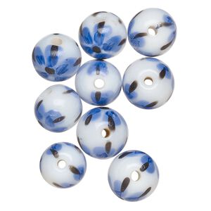 Bead, lampworked glass, opaque white / black / blue, 9-11mm round. Sold per pkg of 10.