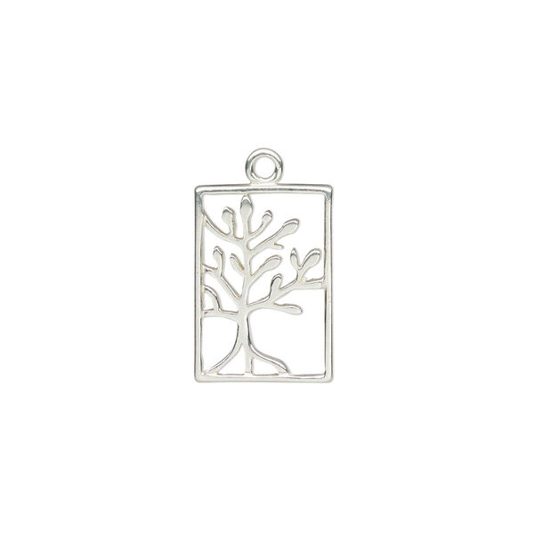 Charm, Amoracast®, sterling silver, 14x10mm two-sided rectangle with cutout tree of life design. Sold individually. image number 0