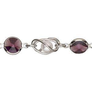 Chain, VINTAGE Crystal™, imitation rhodium-plated brass and crystal, amethyst and white, 9mm round pearl and rivoli link. Sold per pkg of 1 meter.