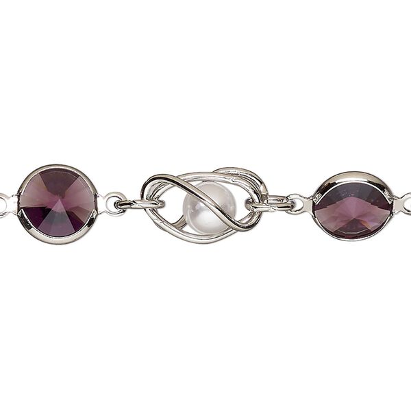 Chain, VINTAGE Crystal™, imitation rhodium-plated brass and crystal, amethyst and white, 9mm round pearl and rivoli link. Sold per pkg of 1 meter. image number 0