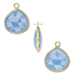 Drop, blue chalcedony (dyed) and gold-finished sterling silver, 15x15mm double-sided faceted teardrop. Sold per pkg of 2.
