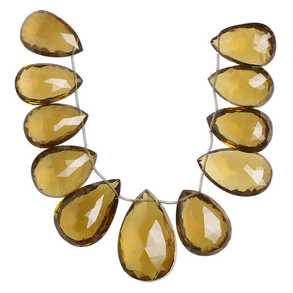 Bead, golden quartz (heated), dark, 32x20mm-45x29mm graduated hand-cut top-drilled faceted puffed teardrop, B+ grade, Mohs hardness 7. Sold per pkg of 11. image number 0