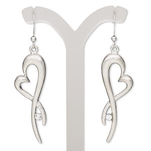 Earring, glass rhinestone with imitation rhodium-plated brass and "pewter" (zinc-based alloy), clear, 2 inches with brushed open fancy heart and fishhook ear wire. Sold per pair.