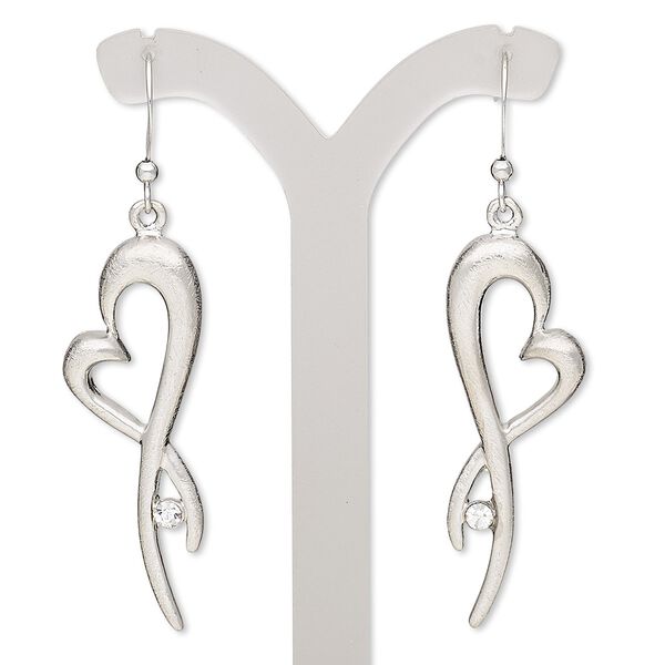 Earring, glass rhinestone with imitation rhodium-plated brass and "pewter" (zinc-based alloy), clear, 2 inches with brushed open fancy heart and fishhook ear wire. Sold per pair. image number 0