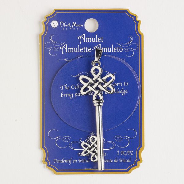 Pendant, silver-finished "pewter" (zinc-based alloy) and steel, 63x20mm Celtic knot key. Sold individually. image number 0