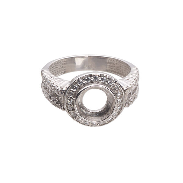 Ring, Almost Instant Jewelry®, cubic zirconia and rhodium-plated sterling silver, clear, 13mm wide with open back and SS39 or 8mm round glue-in setting, size 9. Sold individually. image number 0