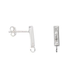 Earstud 1pkg2 sterling silver / cubic zirconia, 12x3mm rectangle / open loop, clear 1 pair