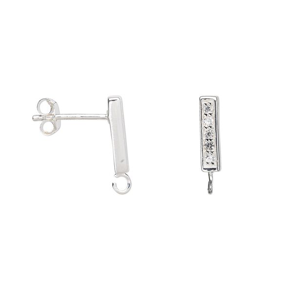 Earstud 1pkg2 sterling silver / cubic zirconia, 12x3mm rectangle / open loop, clear 1 pair image number 0