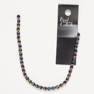 Bead, glass, pkg/7 inches, 5x4mm-6x5mm faceted oval, opaque rainbow jet.