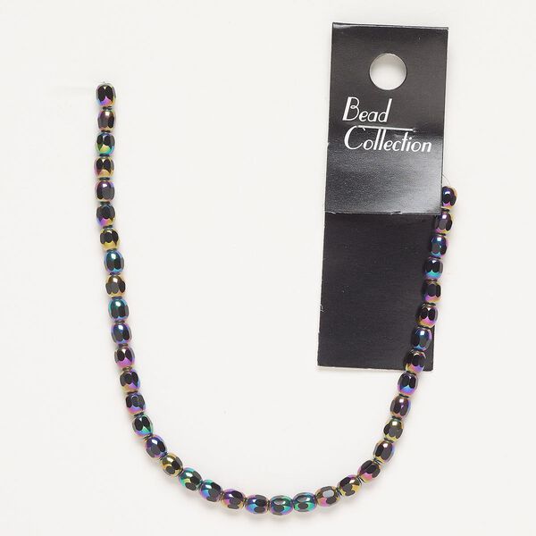 Bead, glass, pkg/7 inches, 5x4mm-6x5mm faceted oval, opaque rainbow jet. image number 0