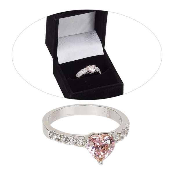 Ring, cubic zirconia and rhodium-finished brass, pink and clear, 2.5mm and 8mm wide wedding bands with heart, size 8. Sold per 2-piece set. image number 0