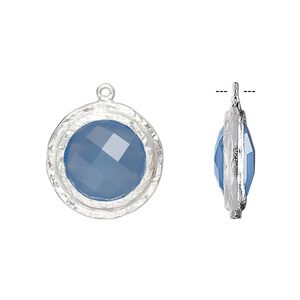 Drop, chalcedony (dyed) and sterling silver, blue, 17mm double-sided faceted round with hammered edge. Sold individually.