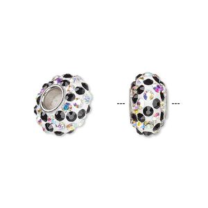 Bead, Dione®, Czech glass rhinestone / epoxy / imitation rhodium-plated brass grommet, clear AB / white / black, 13x8mm-14x8mm rondelle with spiral design, 4.5mm hole. Sold individually.