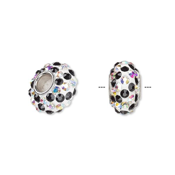 Bead, Dione®, Czech glass rhinestone / epoxy / imitation rhodium-plated brass grommet, clear AB / white / black, 13x8mm-14x8mm rondelle with spiral design, 4.5mm hole. Sold individually. image number 0