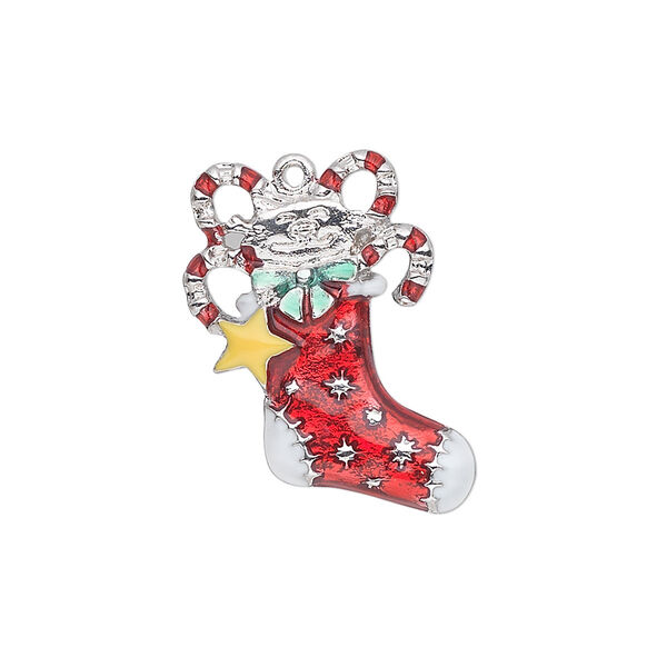 Charm, silver-plated "pewter" (zinc-based alloy) and enamel, red / white / yellow / green, 24x20mm single-sided stocking with cat, candy canes and star. Sold individually. image number 0