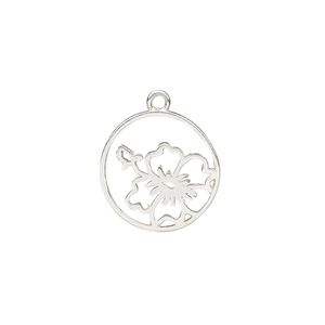 Charm, Amoracast®, sterling silver, 14mm double-sided open round with hibiscus flower. Sold individually.