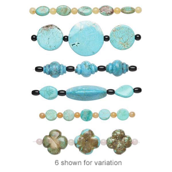Bead mix, "turquoise" (imitation) resin / glass / multi-gemstone (natural / dyed / heated / irradiated / assembled), multicolored, 5mm-40x30mm mixed shape. Sold per pkg of (3) 7-11 piece sets. image number 0