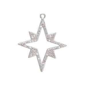 Charm, cubic zirconia and silver-plated brass, clear, 27.5x24.5mm single-sided open star. Sold individually.