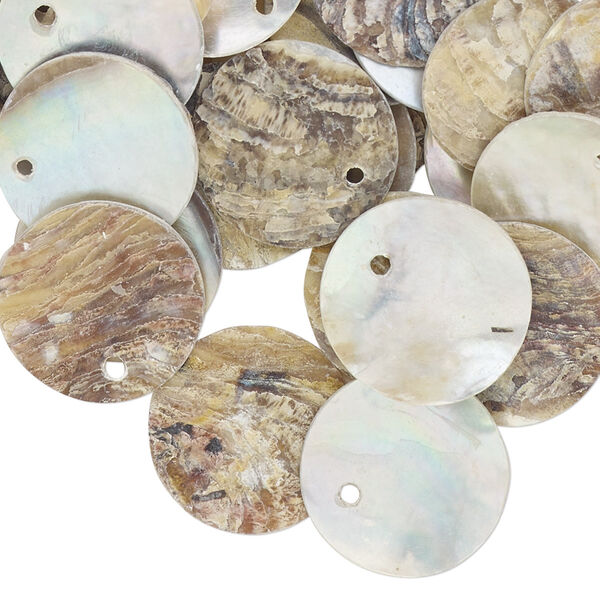Drop, mussel shell (natural / coated), natural, 15mm flat round, Mohs hardness 3-1/2. Sold per pkg of 100. image number 0