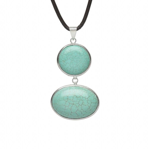 Necklace, blue magnesite (dyed / stabilized) and imitation rhodium-finished brass setting on black leather cord, 2-7/8 inch flat round and oval focal set with matching bail, Mohs hardness 3-1/2 to 4, 18-inch with 2-inch extender chain and lobster claw clasp. Sold individually. image number 0