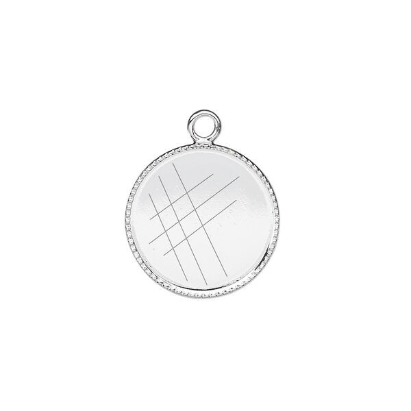 Drop, silver-plated brass, 16mm round with beaded edge and 15mm round bezel cup setting. Sold per pkg of 6. image number 0