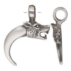 Pendant, Powerful Pewter Pendants, antiqued pewter (tin-based alloy), 44x32.5mm single-sided wolf claw with 7mm hole. Sold individually.