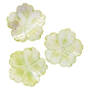 Focal, mother-of-pearl shell (dyed), green, 56.5mm single-sided carved flower, Mohs hardness 3-1/2. Sold per pkg of 3.