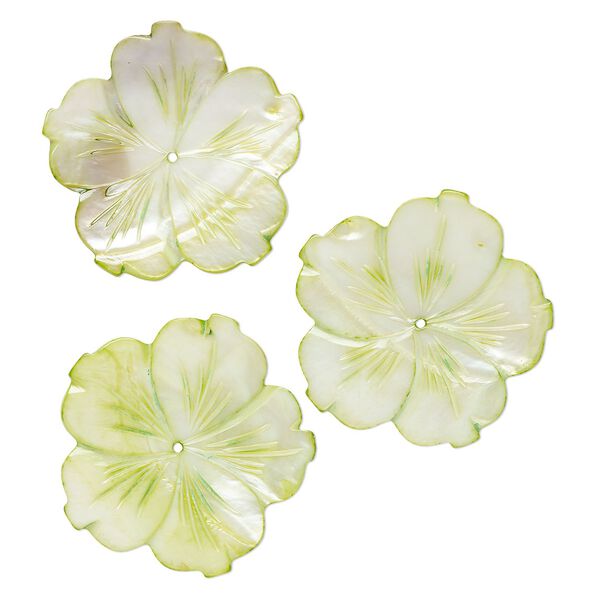 Focal, mother-of-pearl shell (dyed), green, 56.5mm single-sided carved flower, Mohs hardness 3-1/2. Sold per pkg of 3. image number 0