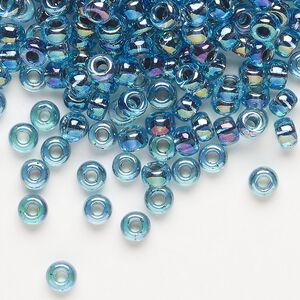 Seed bead, Miyuki, glass, pkg/250g, #6 rocaille, translucent blue-lined rainbow aqua (RR-339).