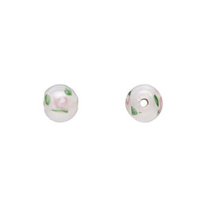 Bead, Czech lampworked glass, opaque white / pink / green, 6-7mm round with flower design. Sold per pkg of 10.