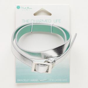Bracelet, wrap, vinyl and silver-finished steel, silver and light teal, 10mm wide with textured design, adjustable up to 17 inches. Sold individually.