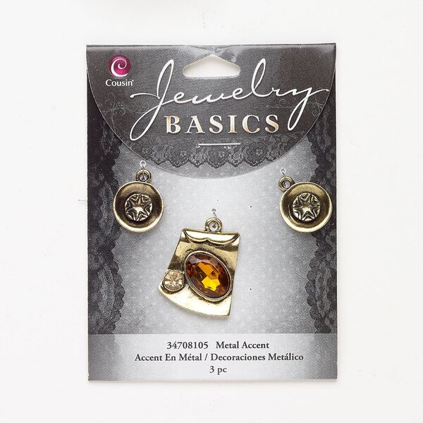 Acrylic / brass 1pkg3, fancy rectangle charm / drop assortment amber / peach / antique gold-finished 24x22mm / 14mm image number 0