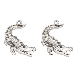 Charm, antique silver-finished "pewter" (zinc-based alloy) and glass, clear and black, 28x24mm single-sided alligator. Sold per pkg of 2.