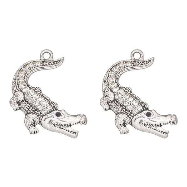 Charm, antique silver-finished "pewter" (zinc-based alloy) and glass, clear and black, 28x24mm single-sided alligator. Sold per pkg of 2. image number 0