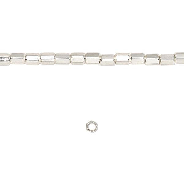 Bead, silver-finished brass, 4x3mm hexagon tube. Sold per 8-inch strand. image number 0