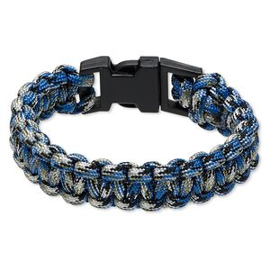 Bracelet, nylon paracord and plastic, multicolored, 18mm wide survival with camo design, 7 inches with buckle clasp. Sold individually.