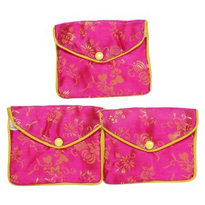 Pouch, rayon, fuchsia / yellow / white, 3-1/2x4-1/2-inch brocade. Sold per pkg of 3.