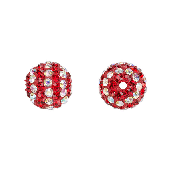 Bead, Egyptian glass rhinestone / epoxy / resin, red and clear AB, 12mm round with pavé striped design. Sold individually. image number 0