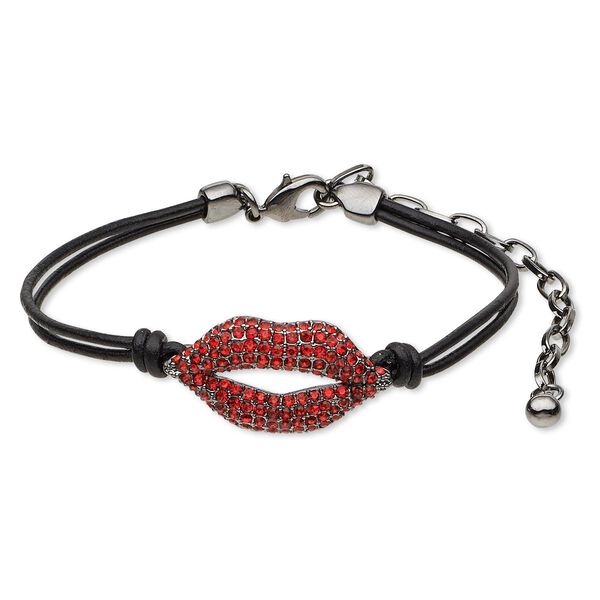 Bracelet, 2-strand, Czech glass rhinestone / leather (dyed) / gunmetal-finished "pewter" (zinc-based alloy), red, 3mm wide with 30x16mm lips, 7-1/2 inches with lobster claw clasp and 3-inch extender chain. Sold individually. image number 0