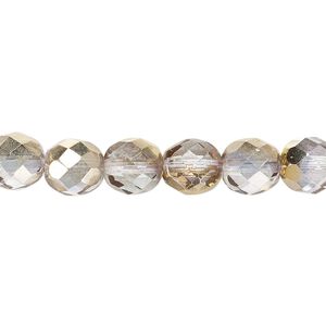 Bead, Czech fire-polished glass, clear and metallic 24Kt gold, 8mm faceted round. Sold per 15-1/2" to 16" strand.