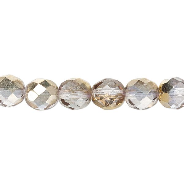 Bead, Czech fire-polished glass, clear and metallic 24Kt gold, 8mm faceted round. Sold per 15-1/2" to 16" strand. image number 0