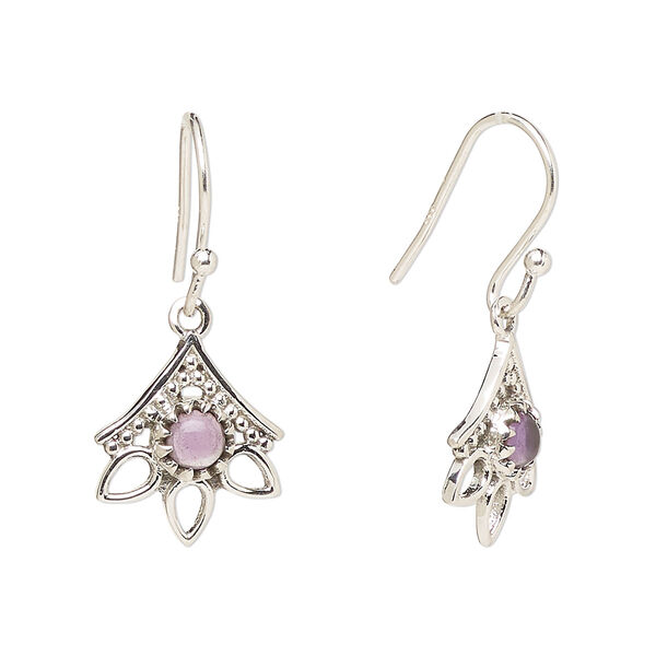 Ear wire, Create Compliments®, antiqued sterling silver and amethyst (natural), fishhook, 28mm with 14x12.5mm single-sided beaded open 3-teardrop, 21 gauge. Sold per pair. image number 0