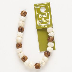 Bead, bone (natural/dyed), white and brown, 10mm carved round and 9x6mm-11x9mm carved rondelle, Mohs hardness 2-1/2. Sold per 6-inch strand, approximately 20 beads.