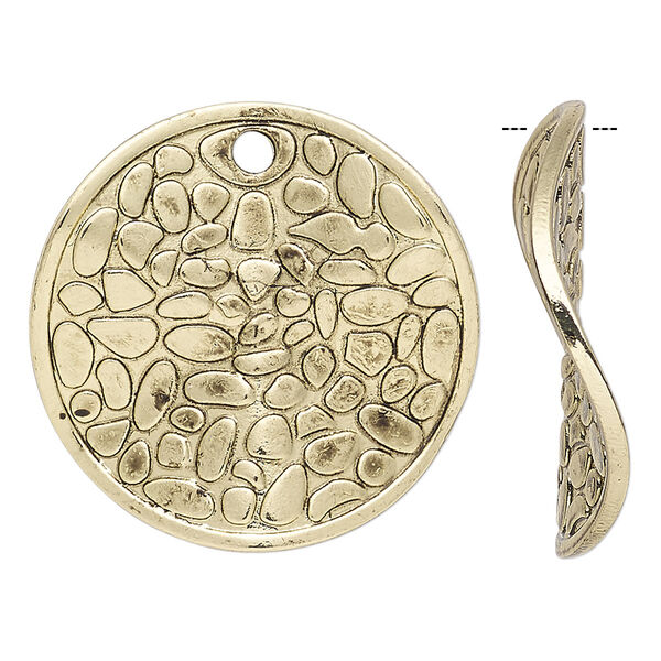 Focal, antique gold-finished "pewter" (zinc-based alloy), 30mm double-sided wavy flat round with cobblestone design. Sold per pkg of 4. image number 0
