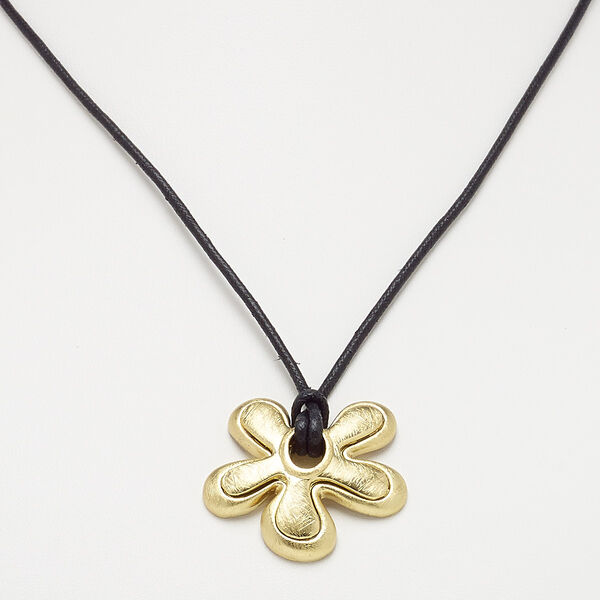 Necklace, waxed cotton cord with gold-finished steel and "pewter" (zinc-based alloy), black, 34x31mm scratched flower, 18 inches with 3-inch extender chain and lobster claw clasp. Sold individually. image number 0