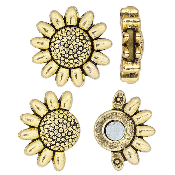 Clasp, magnetic, antique gold-finished "pewter" (zinc-based alloy), 23mm sunflower with glue-in ends, 9x2mm inside diameter. Sold individually. image number 0