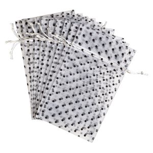 Pouch, flocked organza, white and black, 10x6 inches with dots pattern and drawstring closure. Sold per pkg of 12.